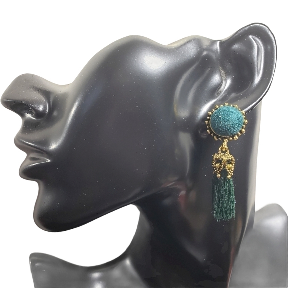 Fashion Jewelry Green Gold Dangle Tassel Earrings - Picture 2 of 6
